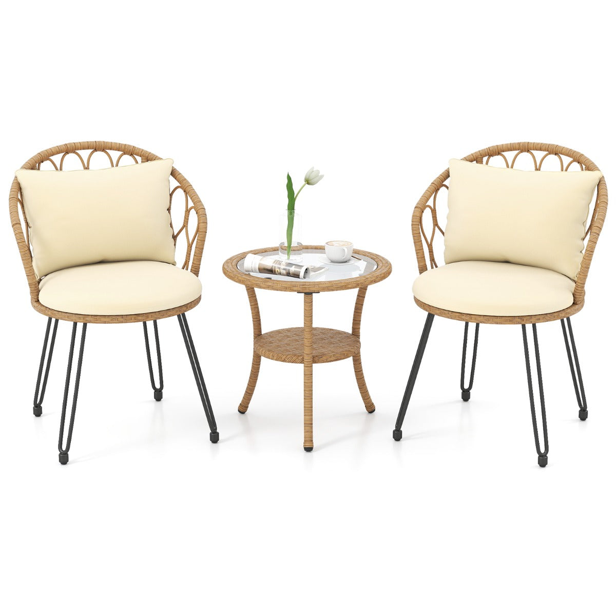 Livsk costway 3 delige pe rotan bistroset voor op het terras outdoorset met kussens en 2 laags tafel met gehard glas 1 1