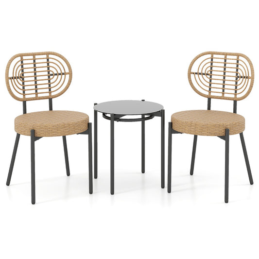 Livsk costway 3 delige pe rotan outdoor bistroset patio gespreksset met temperatuurgehard glazen salontafel en rotanstoelen
