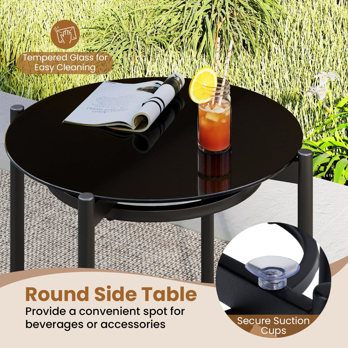 Livsk costway 3 delige pe rotan outdoor bistroset patio gespreksset met temperatuurgehard glazen salontafel en rotanstoelen 4