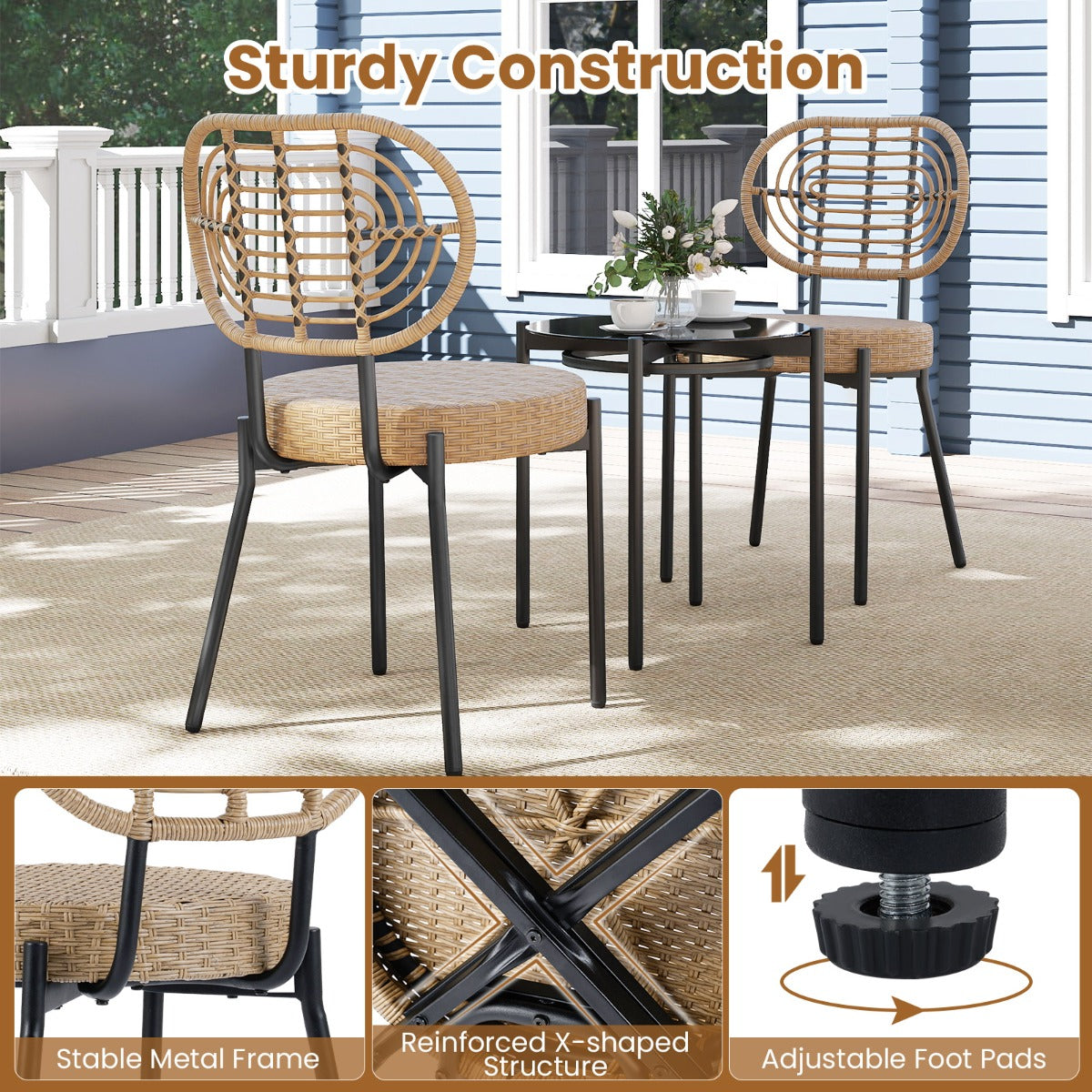 Livsk costway 3 delige pe rotan outdoor bistroset patio gespreksset met temperatuurgehard glazen salontafel en rotanstoelen 5
