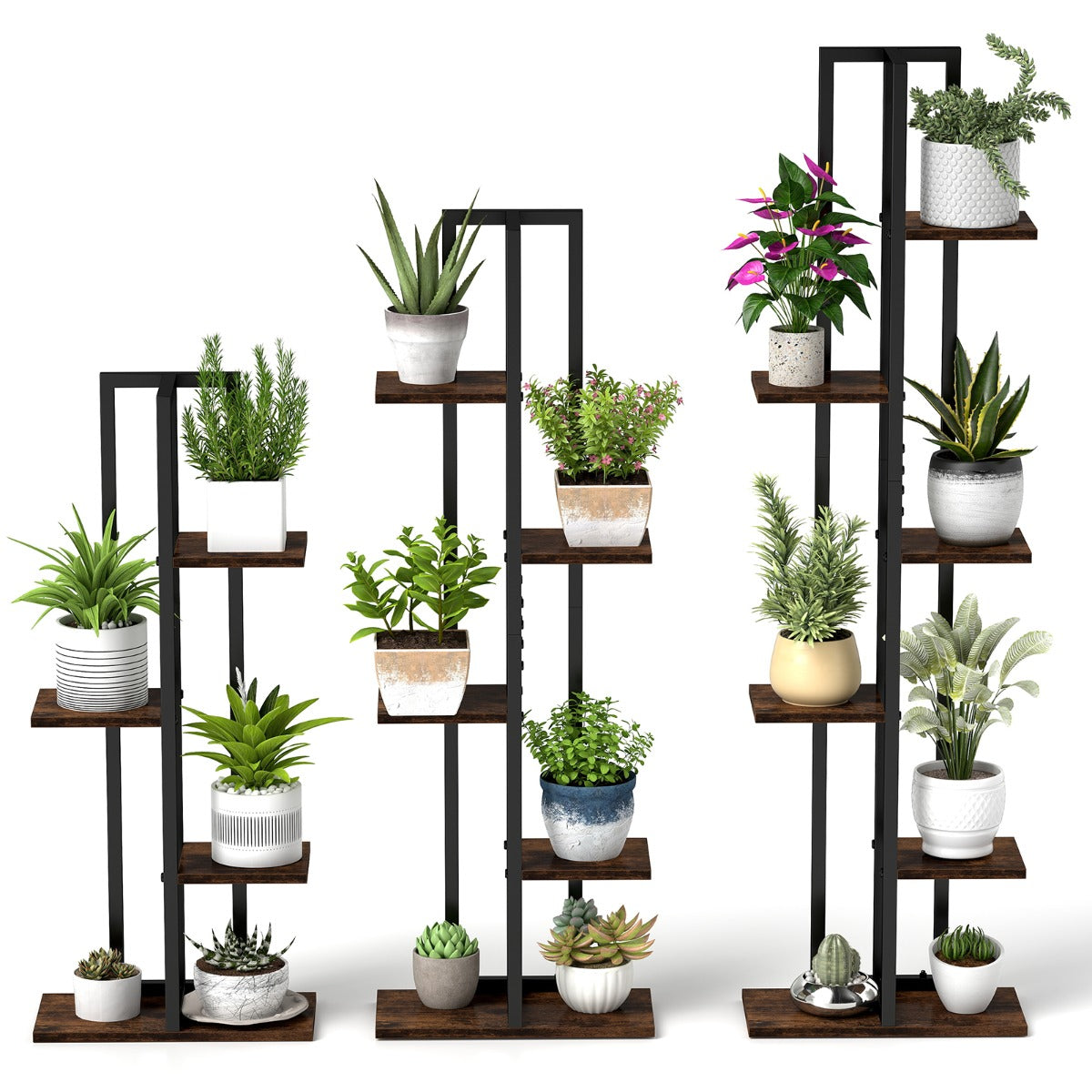 LIVSK 3-Delige Plantenstandaardset - Flexibele Opstelling - 4, 5 en 6 Lagen - Stevige Constructie - Zwart + Bruin