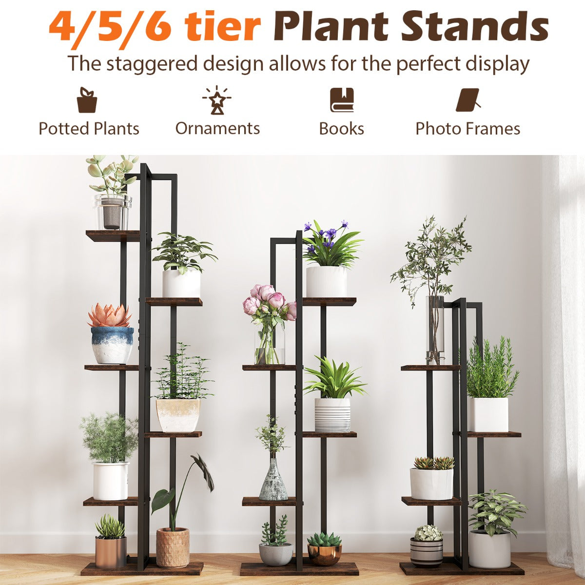LIVSK 3-Delige Plantenstandaardset - Flexibele Opstelling - 4, 5 en 6 Lagen - Stevige Constructie - Zwart + Bruin