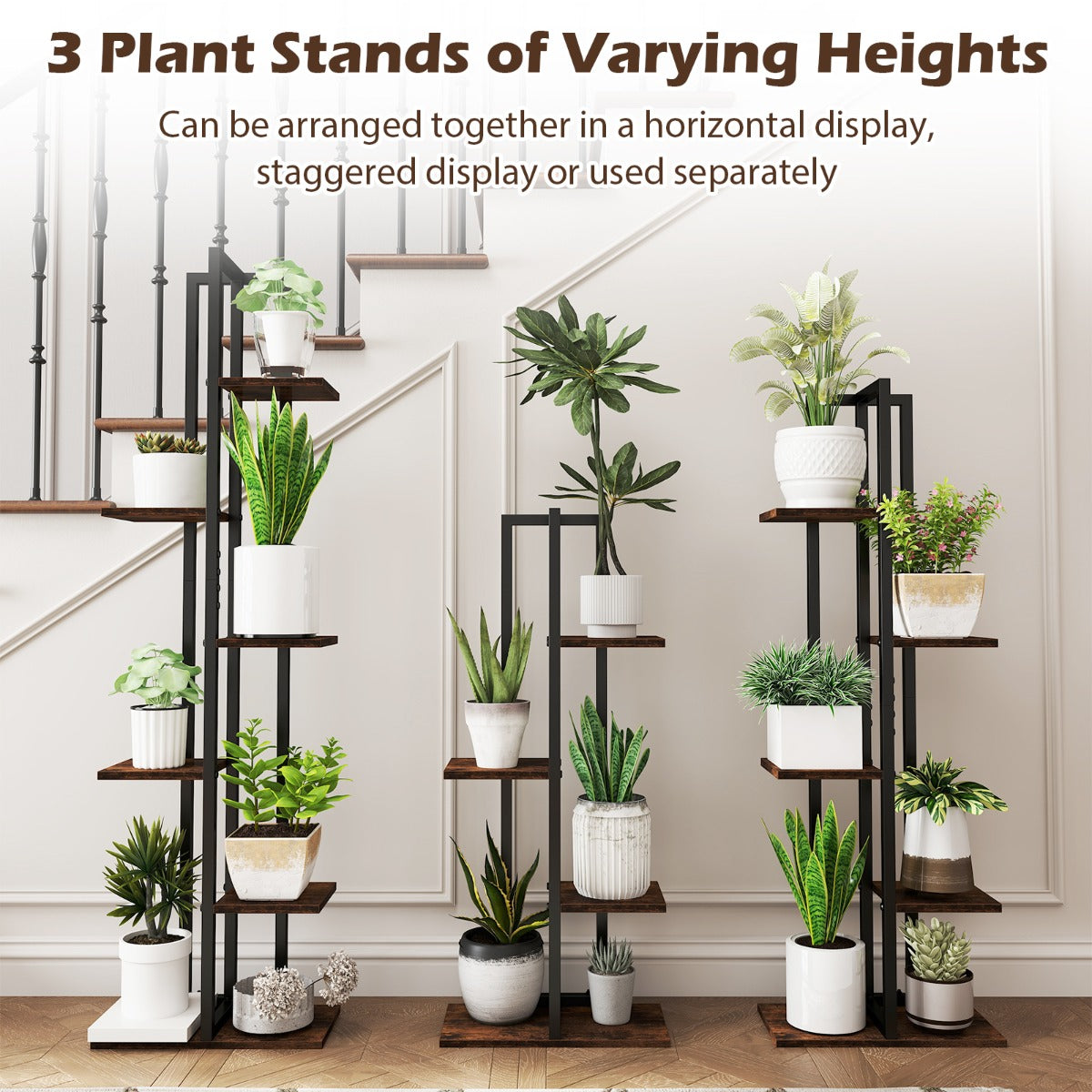 LIVSK 3-Delige Plantenstandaardset - Flexibele Opstelling - 4, 5 en 6 Lagen - Stevige Constructie - Zwart + Bruin