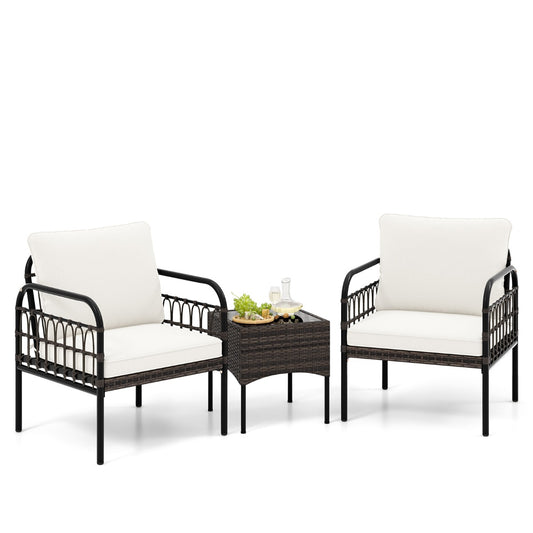 LIVSK 3-delige Bistroset - 2 Fauteuils en Bijzettafel - Handgeweven PE Rotan - Zachte Kussens - Compact voor Balkon - Bruin Beige