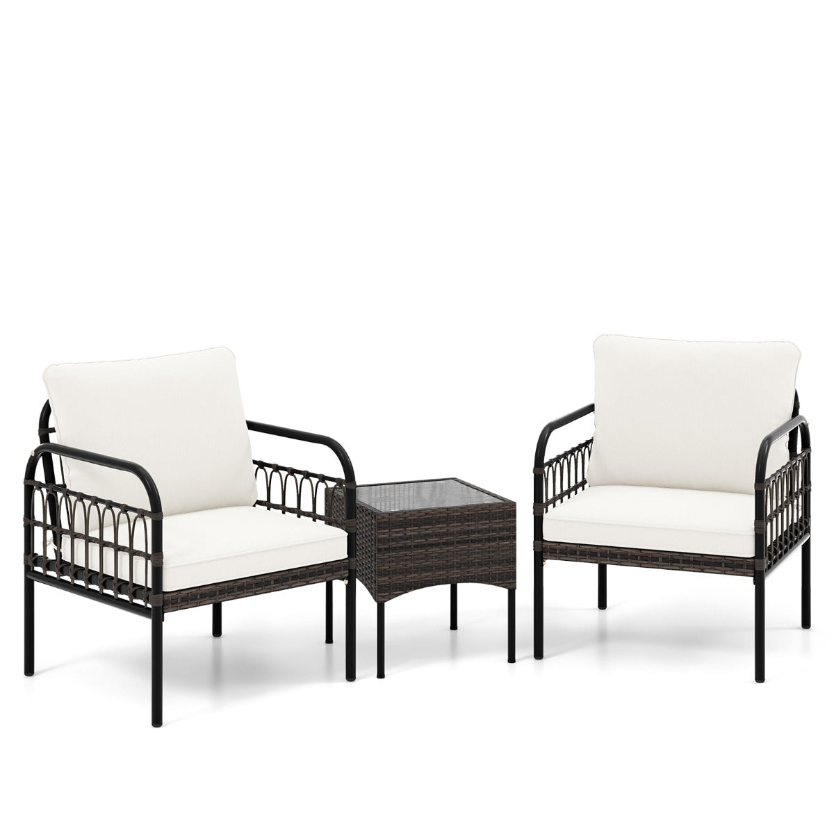 LIVSK 3-delige Bistroset - 2 Fauteuils en Bijzettafel - Handgeweven PE Rotan - Zachte Kussens - Compact voor Balkon - Bruin Beige