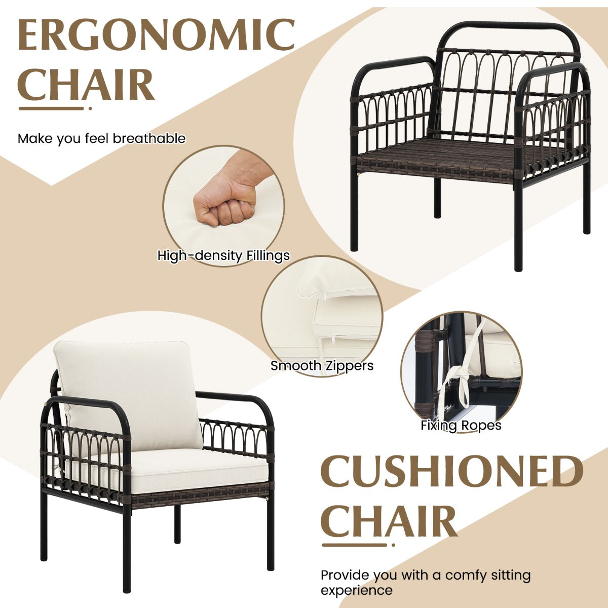 LIVSK 3-delige Bistroset - 2 Fauteuils en Bijzettafel - Handgeweven PE Rotan - Zachte Kussens - Compact voor Balkon - Bruin Beige