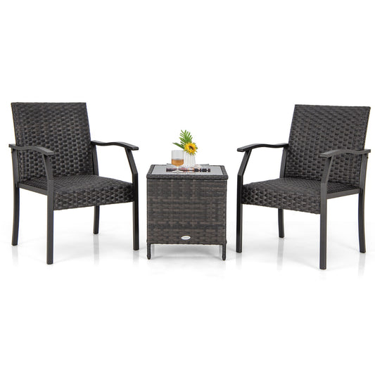 LIVSK 3-Delige Rieten Patio Tafel en Stoelen Set - Sneldrogend Schuim - Krasbestendig Glas - Duurzaam PE Rotan - Voor Balkon en
