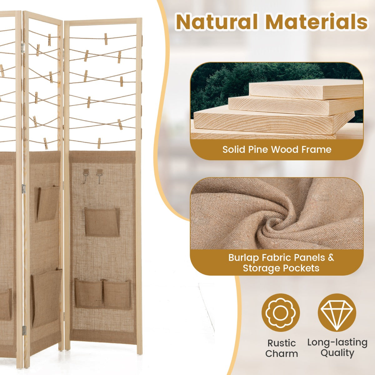 LIVSK 3-panelen kamerscherm - Flexibel en opvouwbaar - Jute opbergtassen - Antislip - Sterk dennenhouten frame - Natuurlijk
