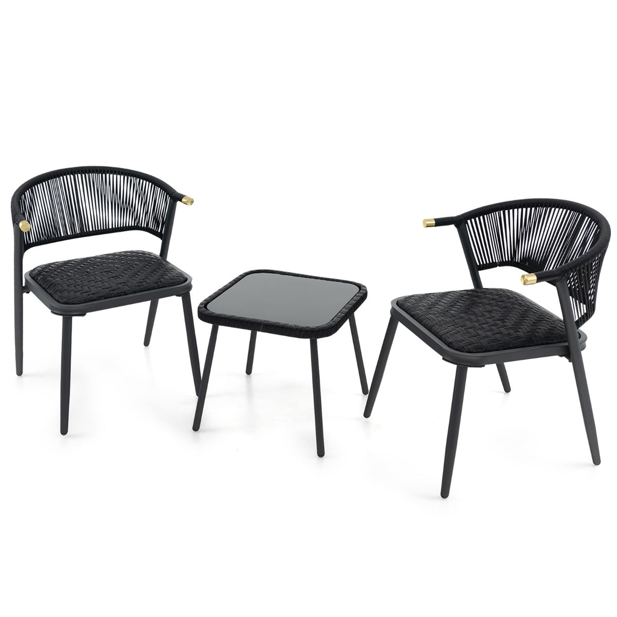 LIVSK 3-delige Rotan Terrasmeubelset - 2 Stoelen met Sneldrogend Schuim - Stabiele Tafel met Gehard Glas - Voor Balkon en Tuin -
