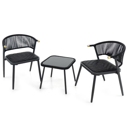 LIVSK 3-delige Rotan Terrasmeubelset - 2 Stoelen met Sneldrogend Schuim - Stabiele Tafel met Gehard Glas - Voor Balkon en Tuin -