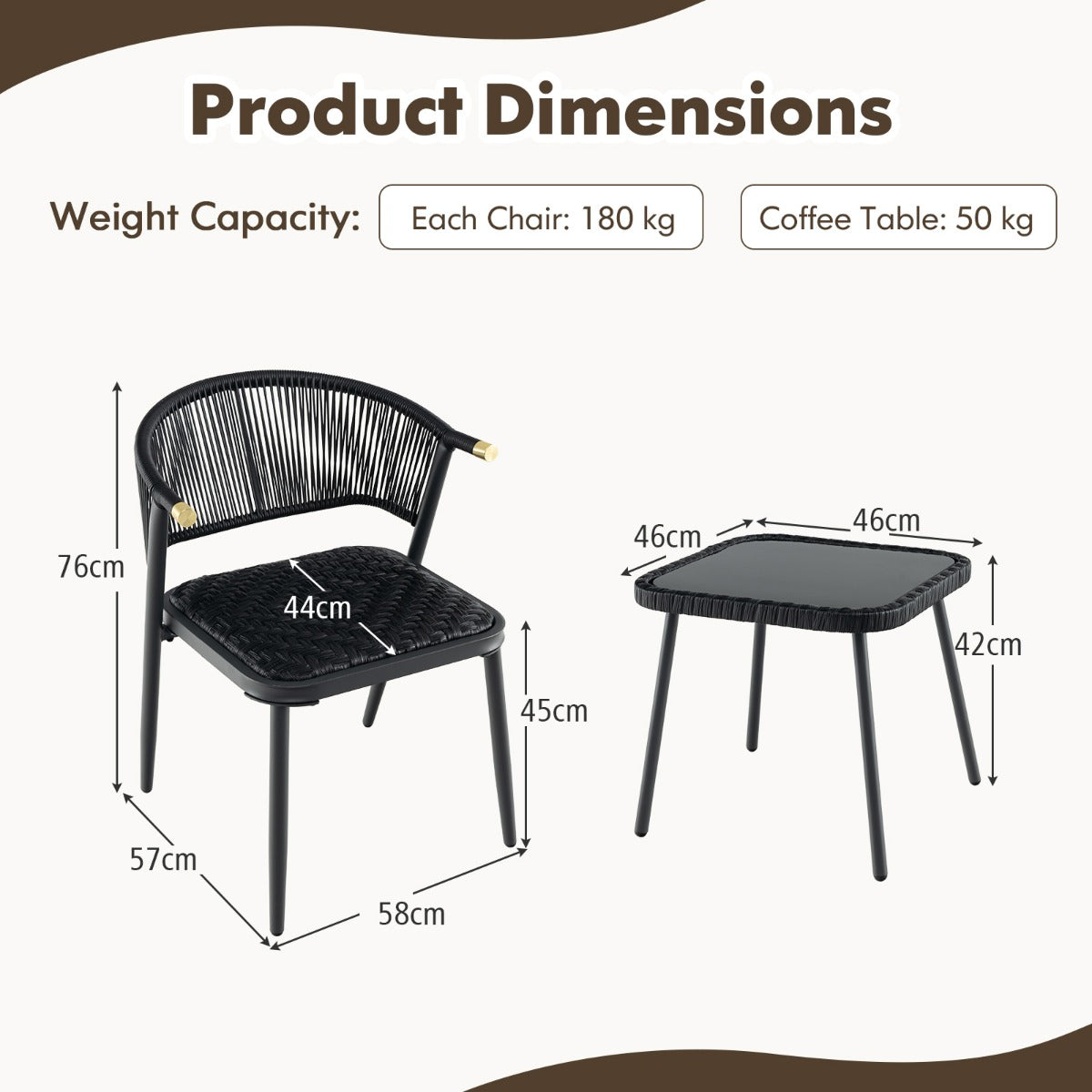 LIVSK 3-delige Rotan Terrasmeubelset - 2 Stoelen met Sneldrogend Schuim - Stabiele Tafel met Gehard Glas - Voor Balkon en Tuin -
