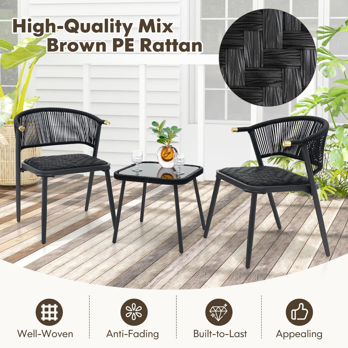 LIVSK 3-delige Rotan Terrasmeubelset - 2 Stoelen met Sneldrogend Schuim - Stabiele Tafel met Gehard Glas - Voor Balkon en Tuin -