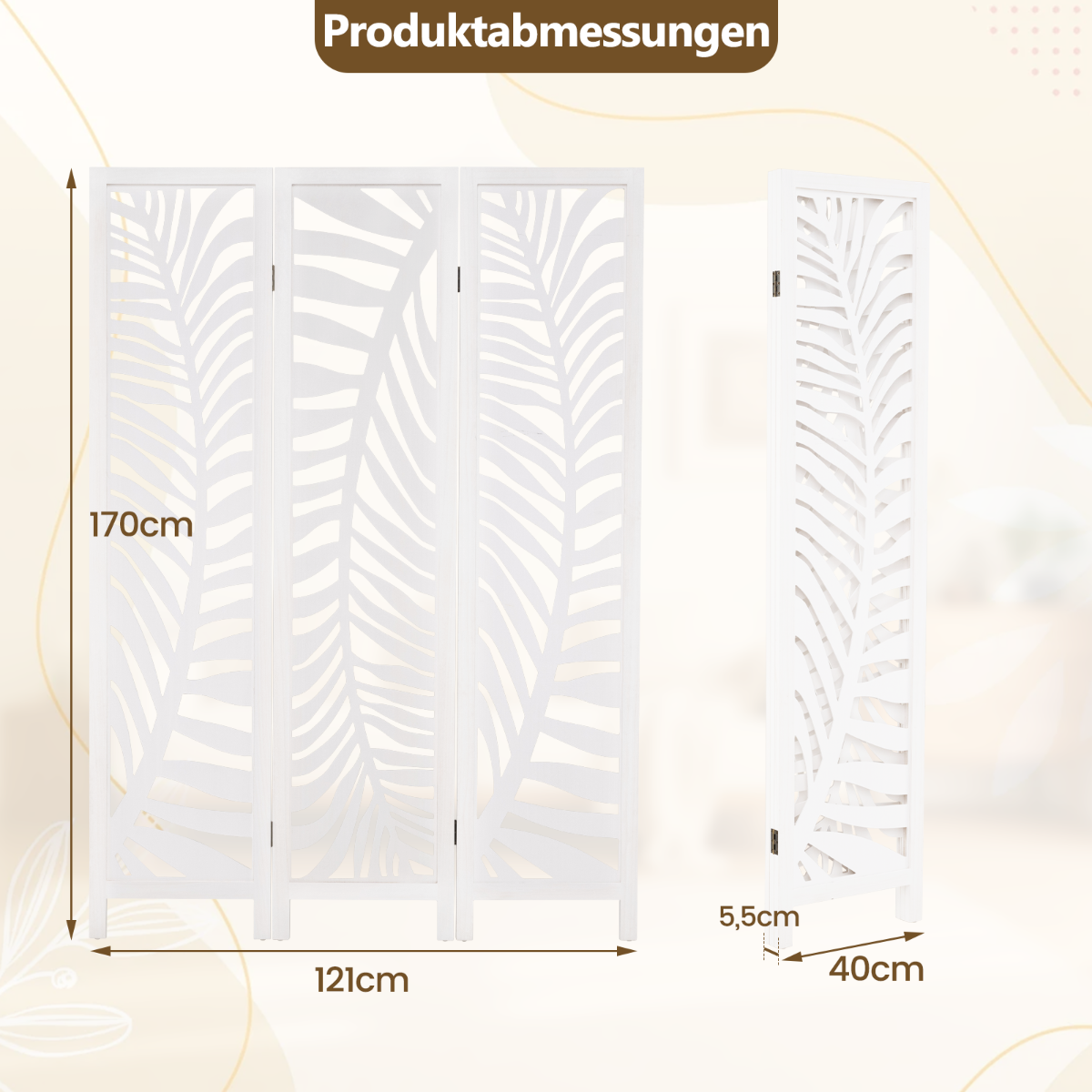 LIVSK 3 - delige Roomdivider van Paulownia - Hout - Eenvoudig Inklapbaar - Decoratief en Functioneel - Voor Thuis en Kantoor - Wit