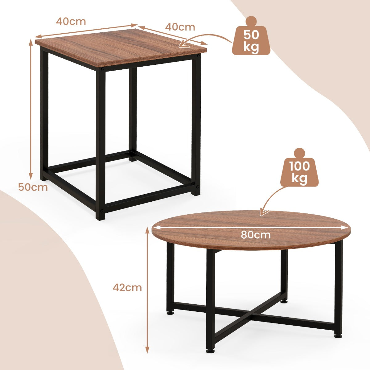 LIVSK Salontafelset - Ronde Salontafel en 2 Vierkante Bijzettafels - Stevig Metaal - Modern Ontwerp - 3 Kleuren - Grijs en Zwart