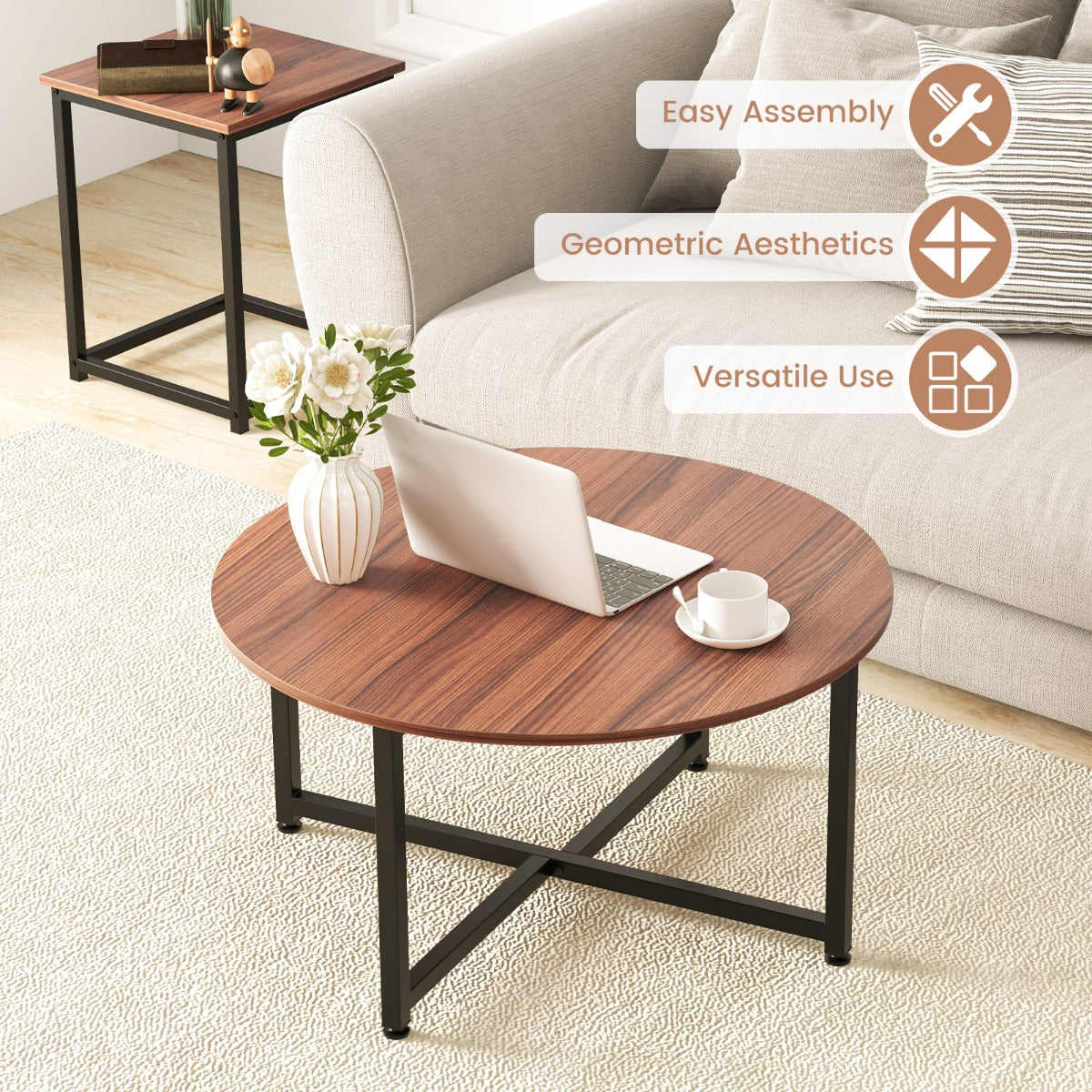 LIVSK Salontafelset - Ronde Salontafel en 2 Vierkante Bijzettafels - Stevig Metaal - Modern Ontwerp - 3 Kleuren - Grijs en Zwart