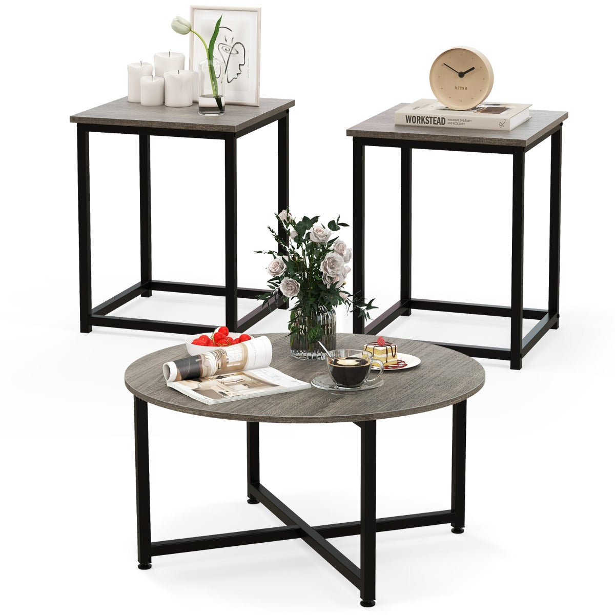LIVSK Salontafelset - Ronde Salontafel en 2 Vierkante Bijzettafels - Stevig Metalen Frame - 3 Kleuropties - Grijs en Zwart