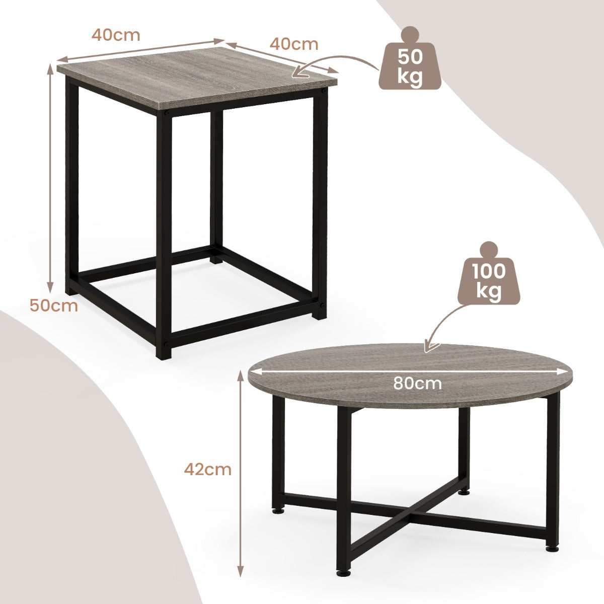 LIVSK Salontafelset - Ronde Salontafel en 2 Vierkante Bijzettafels - Stevig Metalen Frame - 3 Kleuropties - Grijs en Zwart
