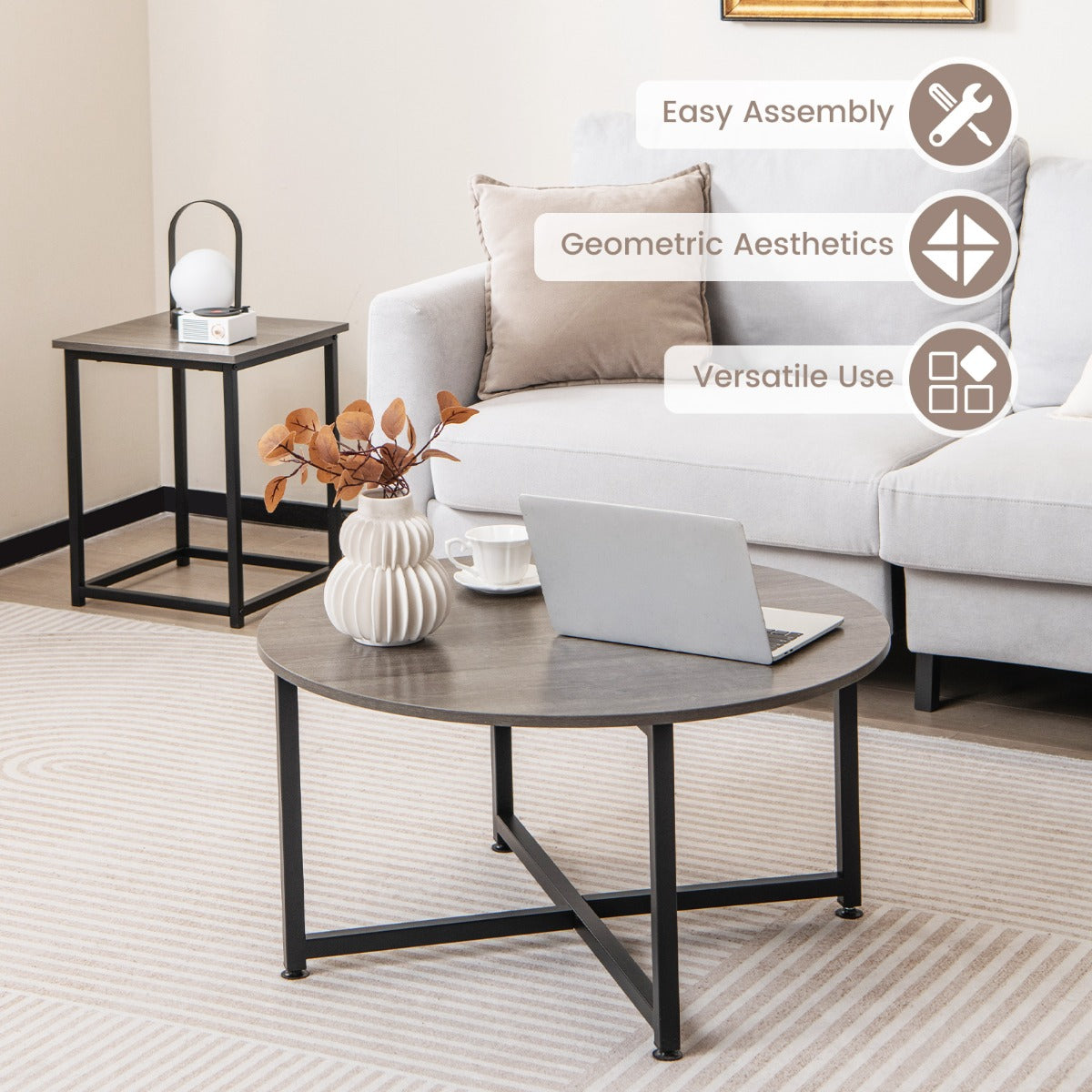 LIVSK Salontafelset - Ronde Salontafel en 2 Vierkante Bijzettafels - Stevig Metalen Frame - 3 Kleuropties - Grijs en Zwart