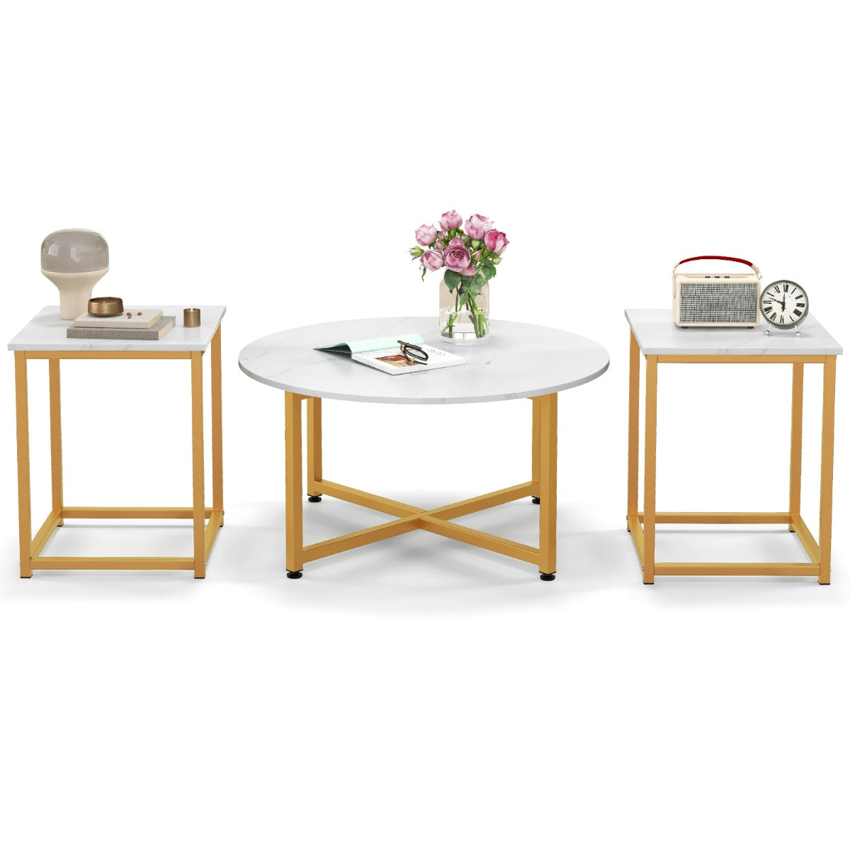 LIVSK Salontafelset - Ronde Salontafel en 2 Vierkante Bijzettafels - Stevig Metalen Frame - Modern Design - Grijs en Zwart