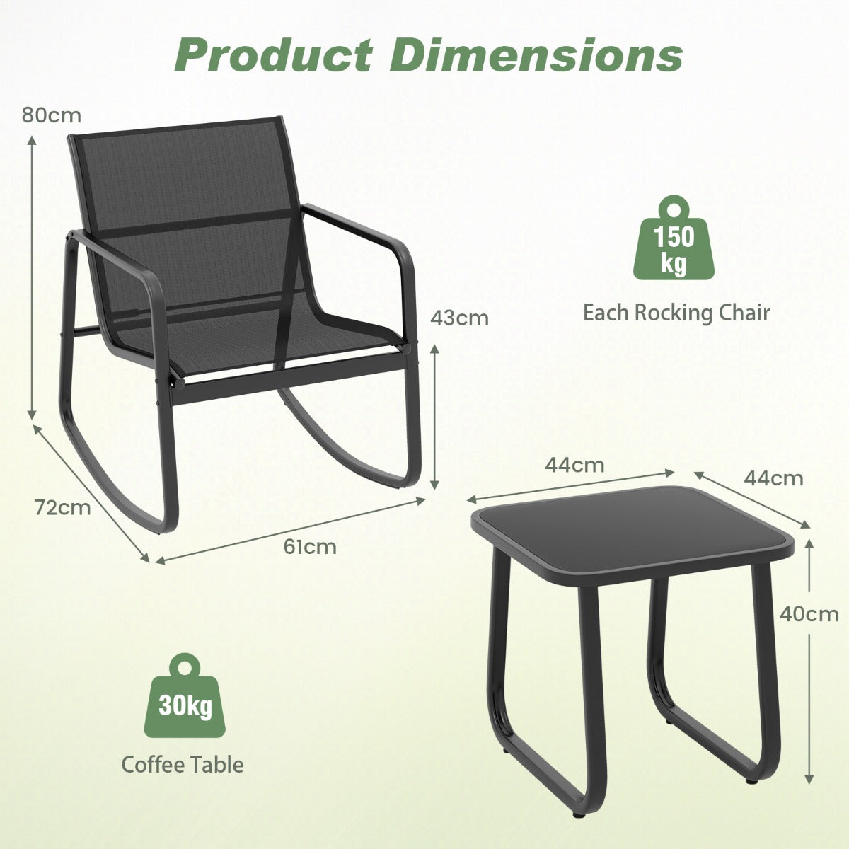 LIVSK 3-delige Bistroset met Schommelfunctie - Duurzaam Metalen Frame - Gehard Glas Tafel - Antislip - Zwart