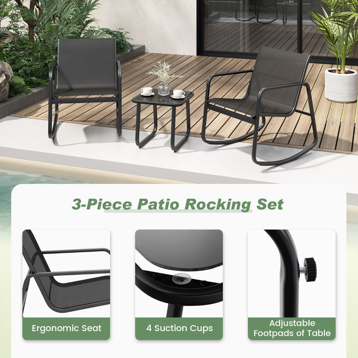 LIVSK 3-delige Bistroset met Schommelfunctie - Duurzaam Metalen Frame - Gehard Glas Tafel - Antislip - Zwart