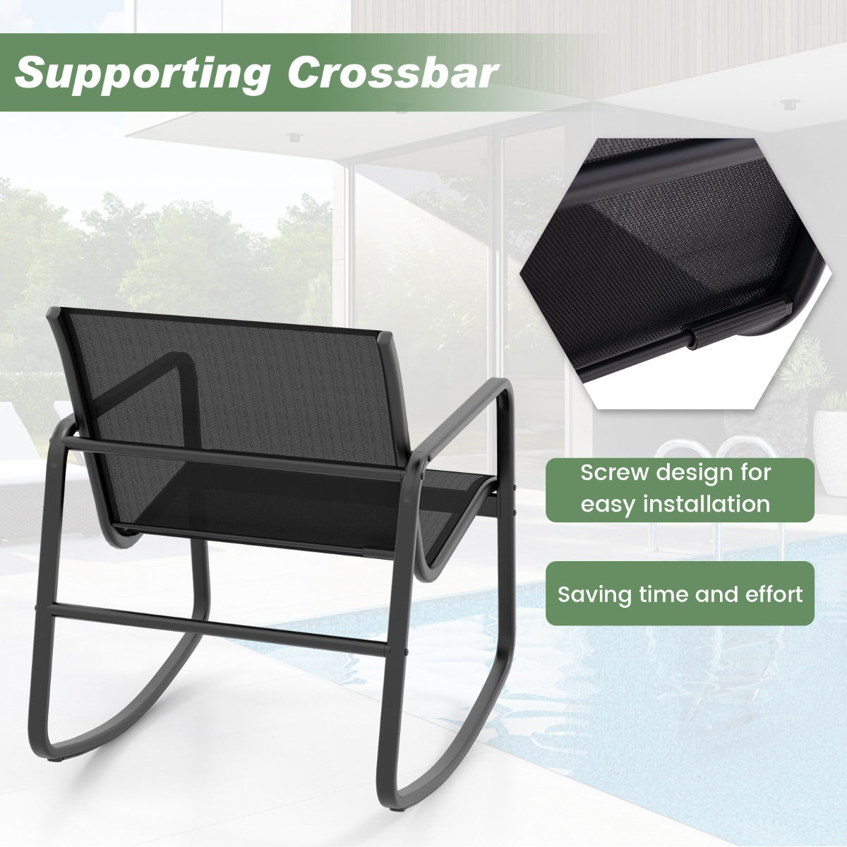 LIVSK 3-delige Bistroset met Schommelfunctie - Duurzaam Metalen Frame - Gehard Glas Tafel - Antislip - Zwart