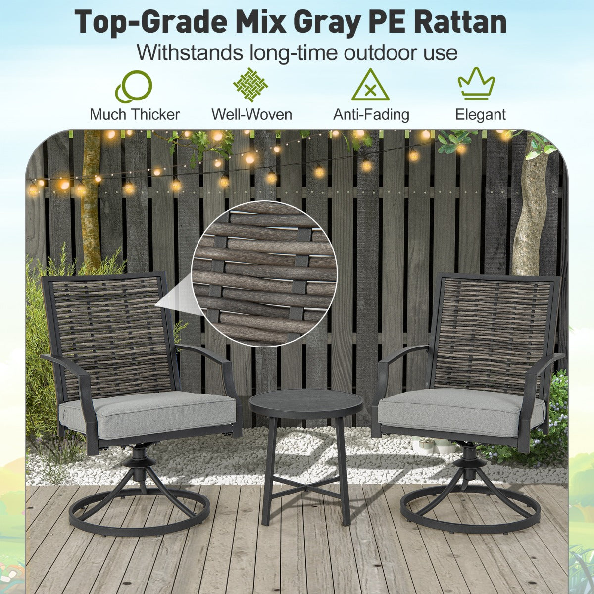 LIVSK 3-Delige Draaibare Patioset - Ergonomische Stoelen met Kussens - Robuust Metaal en PE Rotan - Voor Tuin en Zwembad -