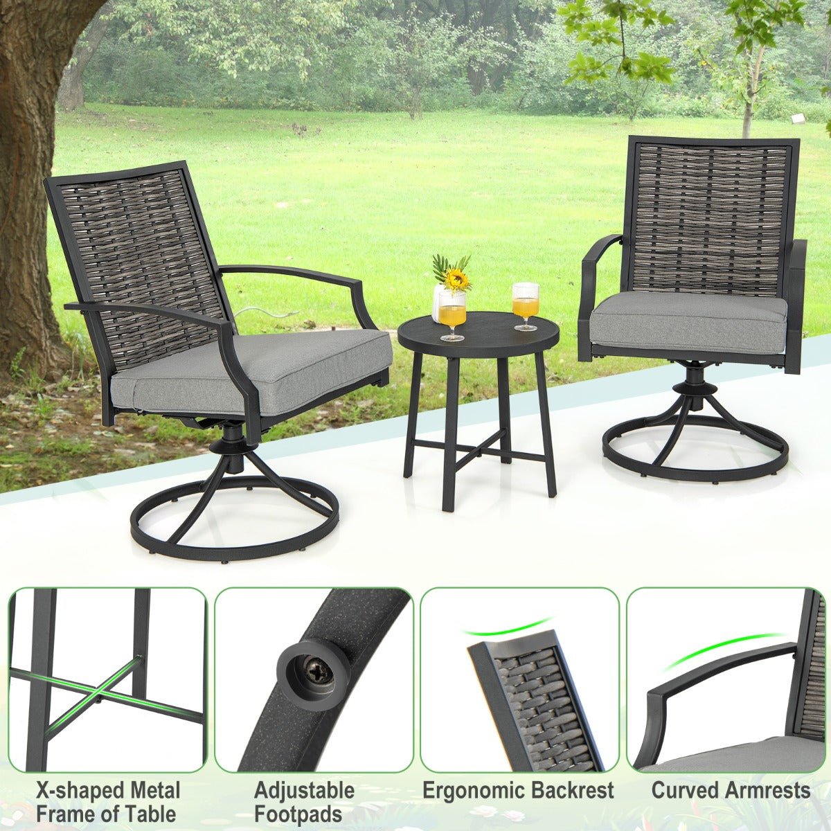LIVSK 3-Delige Draaibare Patioset - Ergonomische Stoelen met Kussens - Robuust Metaal en PE Rotan - Voor Tuin en Zwembad -