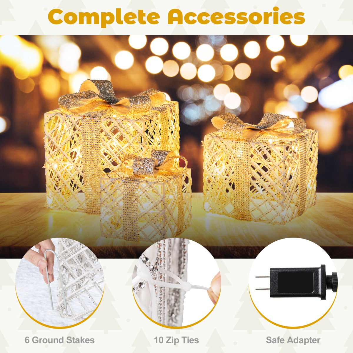 LIVSK Kristalversierde Cadeauboxen - 3-pack met 50 LED-lampen - Waterdicht en Sneeuwbestendig - Inclusief Accessoires - Wit