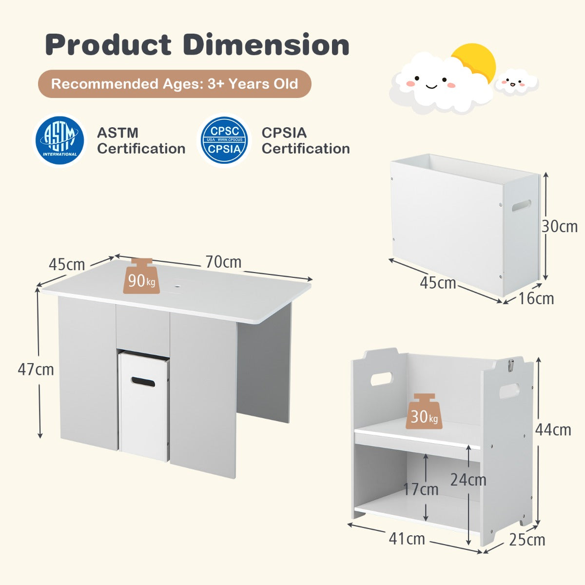 LIVSK 4-in-1 Kindertafel en Stoelenset - Multifunctioneel met Opbergruimte - Veilig Ontwerp - Voor Kinderen vanaf 3 Jaar - Grijs
