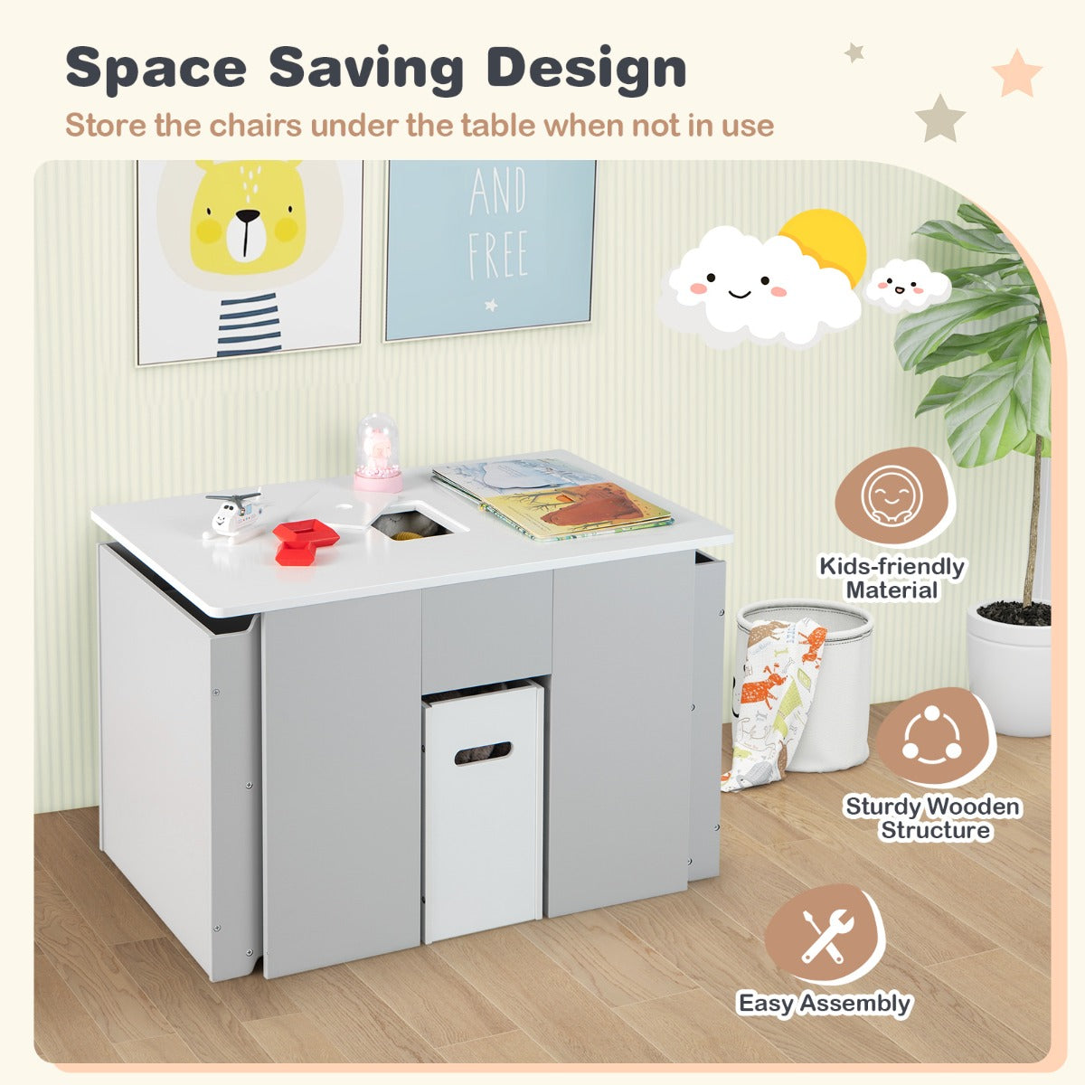 LIVSK 4-in-1 Kindertafel en Stoelenset - Multifunctioneel met Opbergruimte - Veilig Ontwerp - Voor Kinderen vanaf 3 Jaar - Grijs