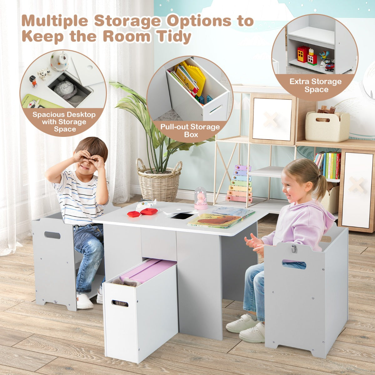 LIVSK 4-in-1 Kindertafel en Stoelenset - Multifunctioneel met Opbergruimte - Veilig Ontwerp - Voor Kinderen vanaf 3 Jaar - Grijs