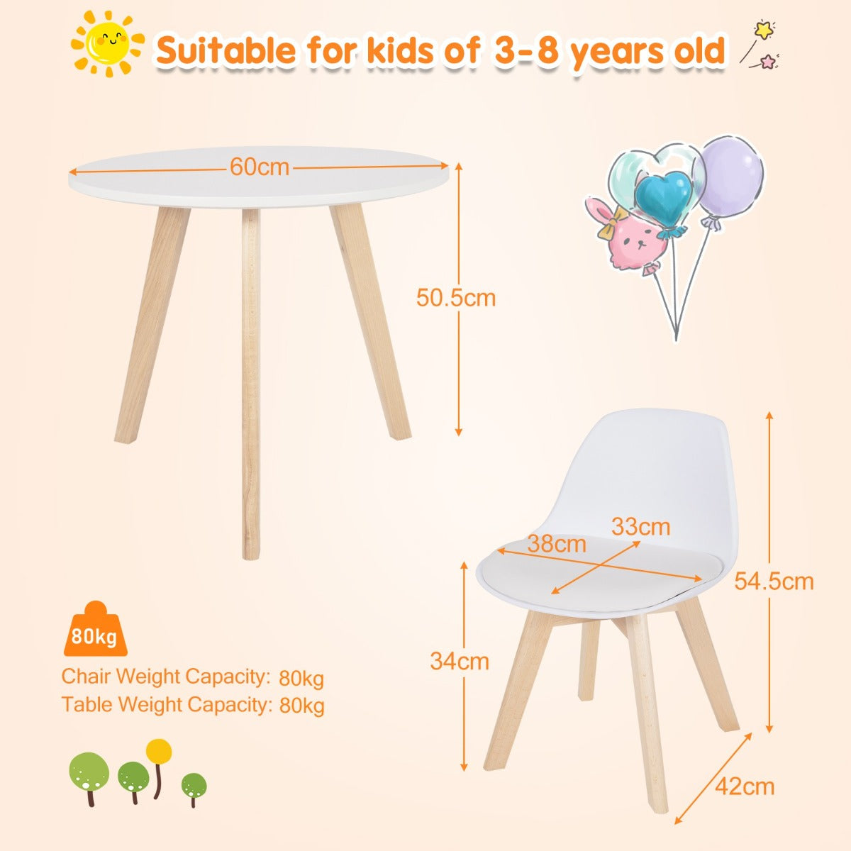 LIVSK 3-delige Tafel- en Stoelenset - Ronde Tafel met 2 Ergonomische Stoelen - Veilig en Comfortabel - Voor Kinderen 3-8 jaar -