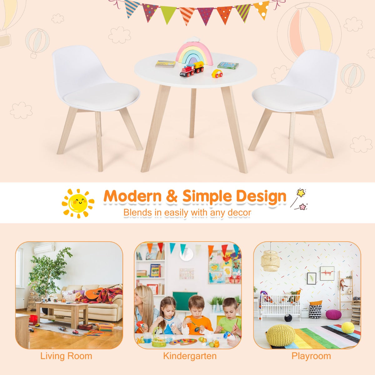 LIVSK 3-delige Tafel- en Stoelenset - Ronde Tafel met 2 Ergonomische Stoelen - Veilig en Comfortabel - Voor Kinderen 3-8 jaar -