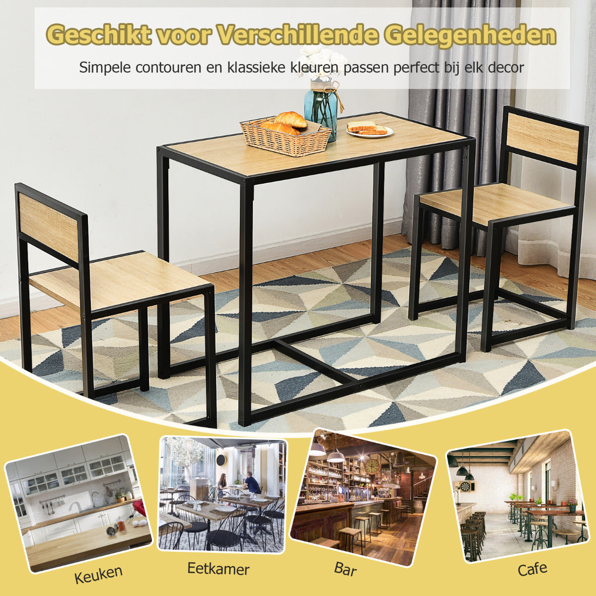 LIVSK 3-Delige Eettafel- en Stoelenset - Ruimtebesparend - Stalen Frame - Krasbestendig - Natuurlijk