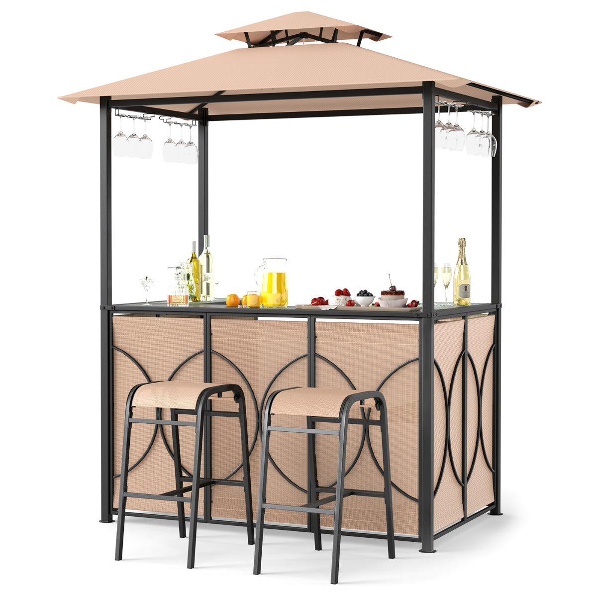 LIVSK Terras Barset - 3-delig met Dubbellaags Dak - Gehard Glas en Metalen Planken - Glazenhouders - Bruin/Grijs