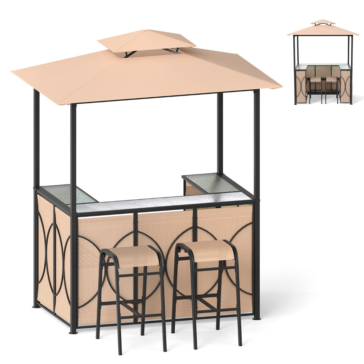 LIVSK Terras Barset - 3-delig met Dubbellaags Dak - Gehard Glas en Metalen Planken - Glazenhouders - Bruin/Grijs