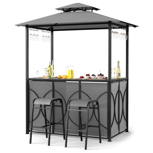 LIVSK Terrasbarset met Dubbel Dakontwerp - Gehard Glas - Glazenhouders - Stevige Metalen Frames - Bruin / Grijs