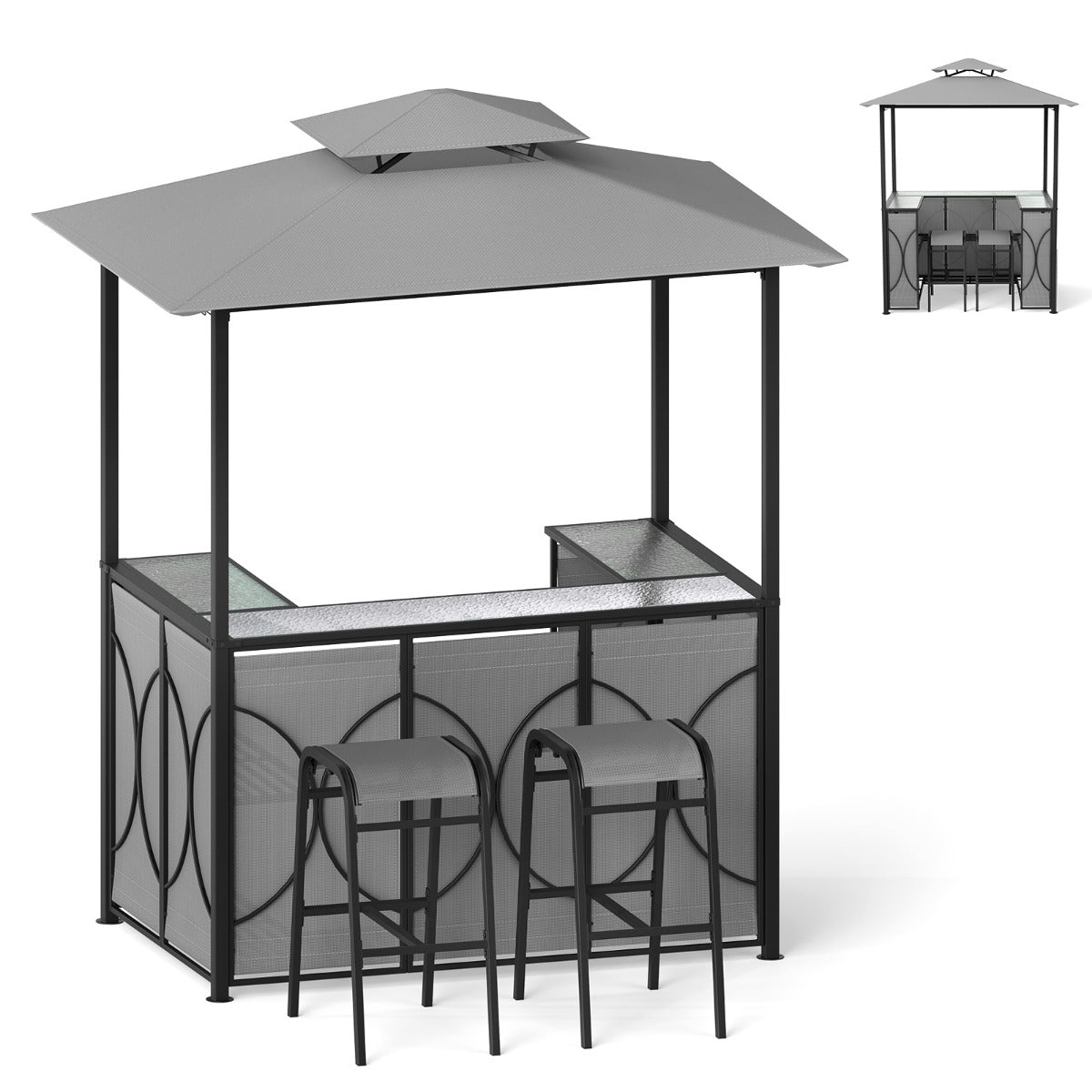LIVSK Terrasbarset met Dubbel Dakontwerp - Gehard Glas - Glazenhouders - Stevige Metalen Frames - Bruin / Grijs