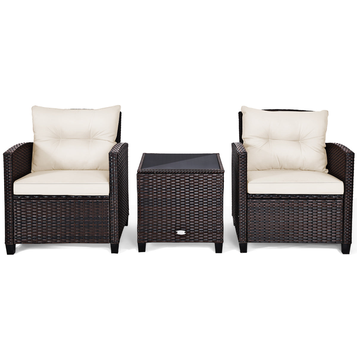 LIVSK 3-delig Rotan Bankstel - Inclusief 2 Stoelen en Salontafel - All-weather - Luxe Kussens - Bruin/Zwart