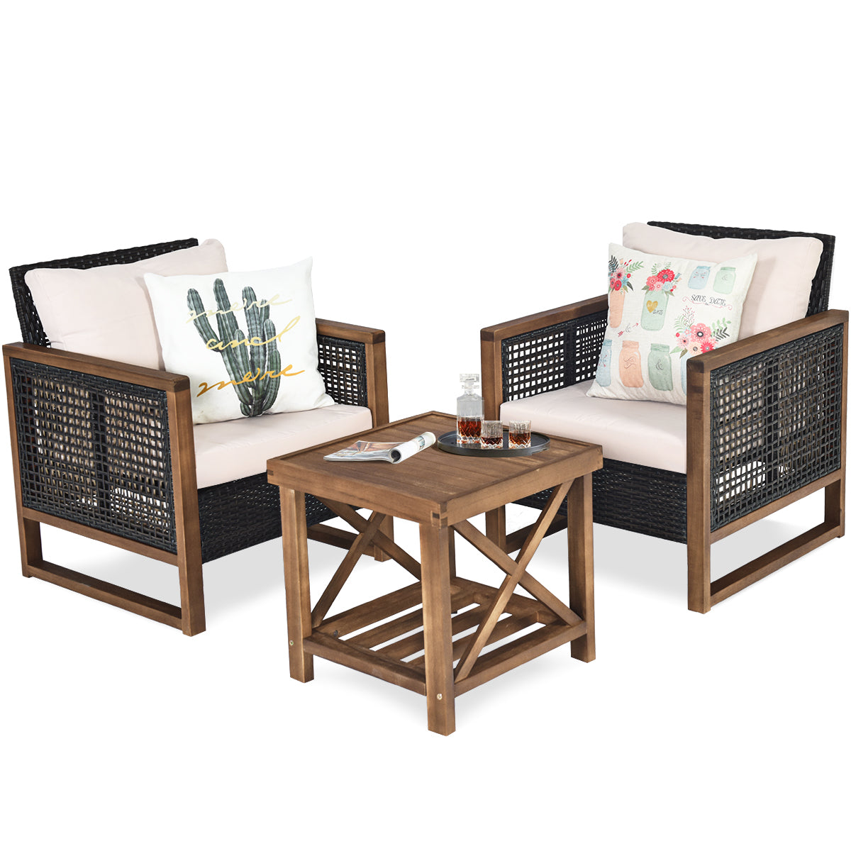 Livsk costway 3 delige terrasmeubelset buitenmeubelset met acaciahouten salontafel en 2 pe rotan stoelen rieten meubelset