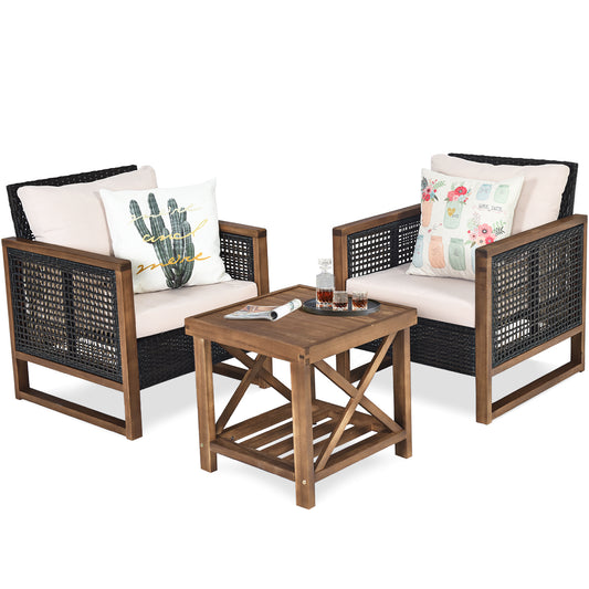 Livsk costway 3 delige terrasmeubelset buitenmeubelset met acaciahouten salontafel en 2 pe rotan stoelen rieten meubelset