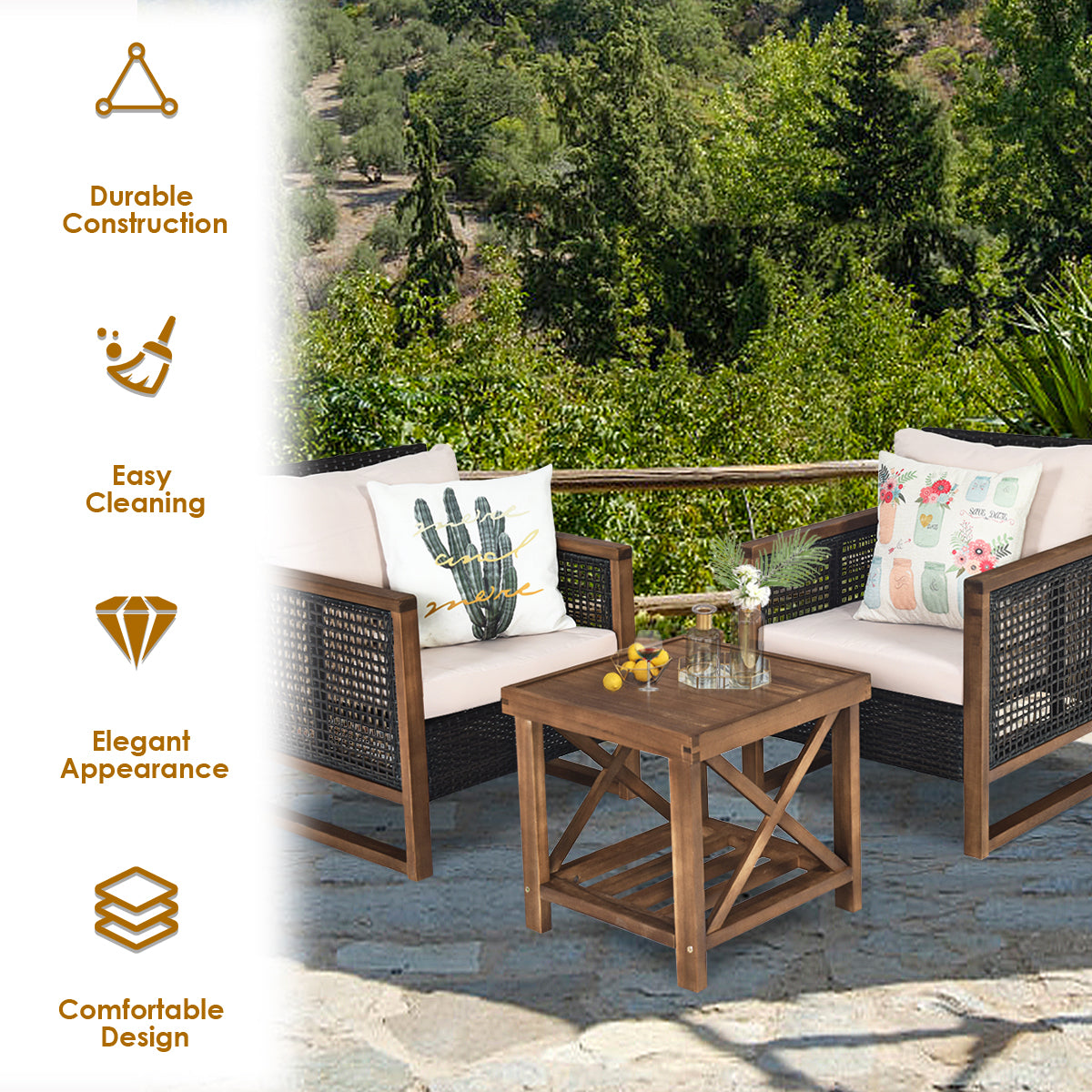 Livsk costway 3 delige terrasmeubelset buitenmeubelset met acaciahouten salontafel en 2 pe rotan stoelen rieten meubelset