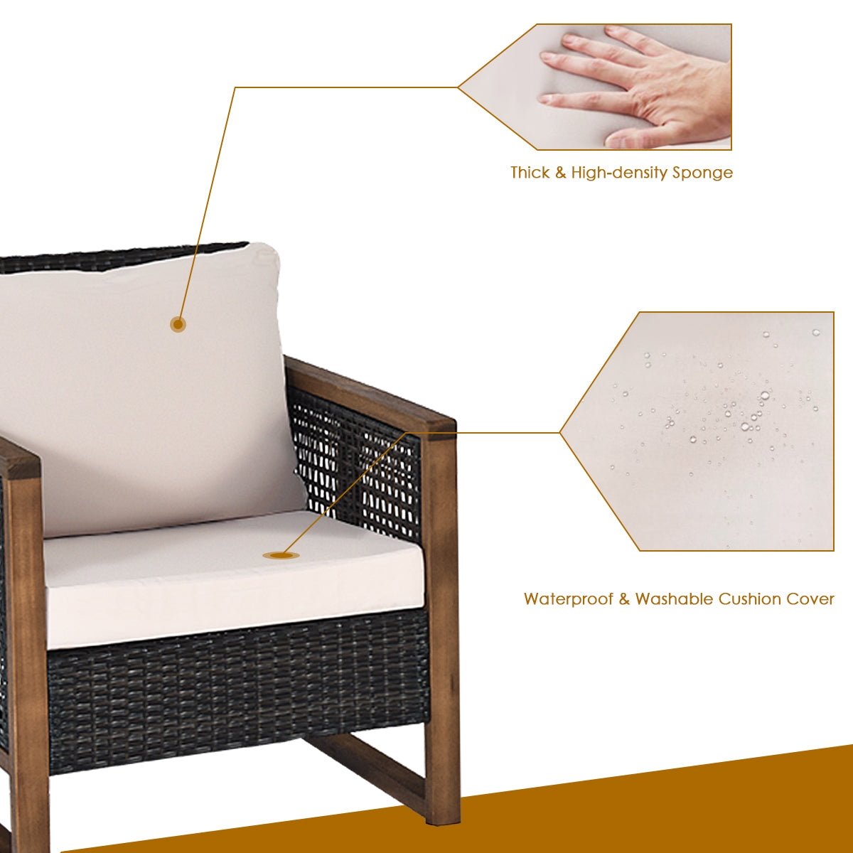 Livsk costway 3 delige terrasmeubelset buitenmeubelset met acaciahouten salontafel en 2 pe rotan stoelen rieten meubelset