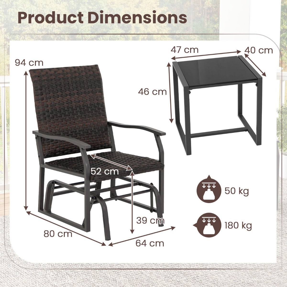 LIVSK 3-delige Terrasschuifset - 2 Stoelen met Sneldrogend Schuim - Elegante Salontafel van Gehard Glas - Gemengd Bruin