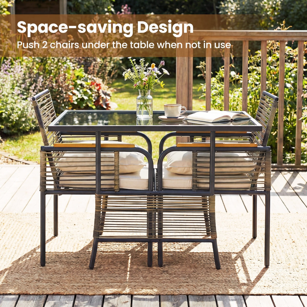 Livsk costway 3 delige tuinloungeset van rotan ruimtebesparende eetset voor buiten met kussens rechthoekige tuintafel en rotanstoelen beige 4 1