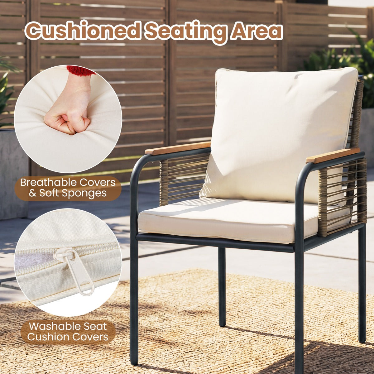 Livsk costway 3 delige tuinloungeset van rotan ruimtebesparende eetset voor buiten met kussens rechthoekige tuintafel en rotanstoelen beige 5 1