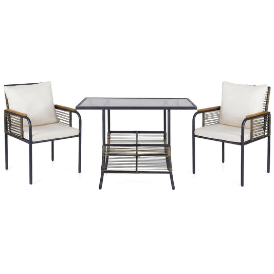 Livsk costway 3 delige tuinloungeset van rotan ruimtebesparende eetset voor buiten met kussens rechthoekige tuintafel en rotanstoelen beige 2