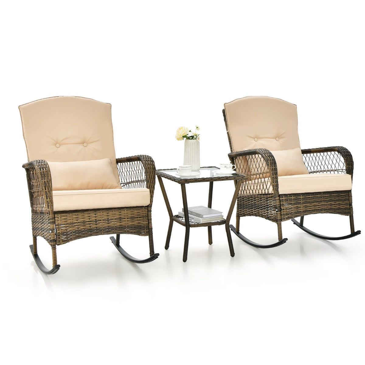 LIVSK 3-Delige Schommelstoelset met Kussens - Ergonomisch Design - Inclusief Koffietafel - Duurzaam PE-Rotan - Grijs