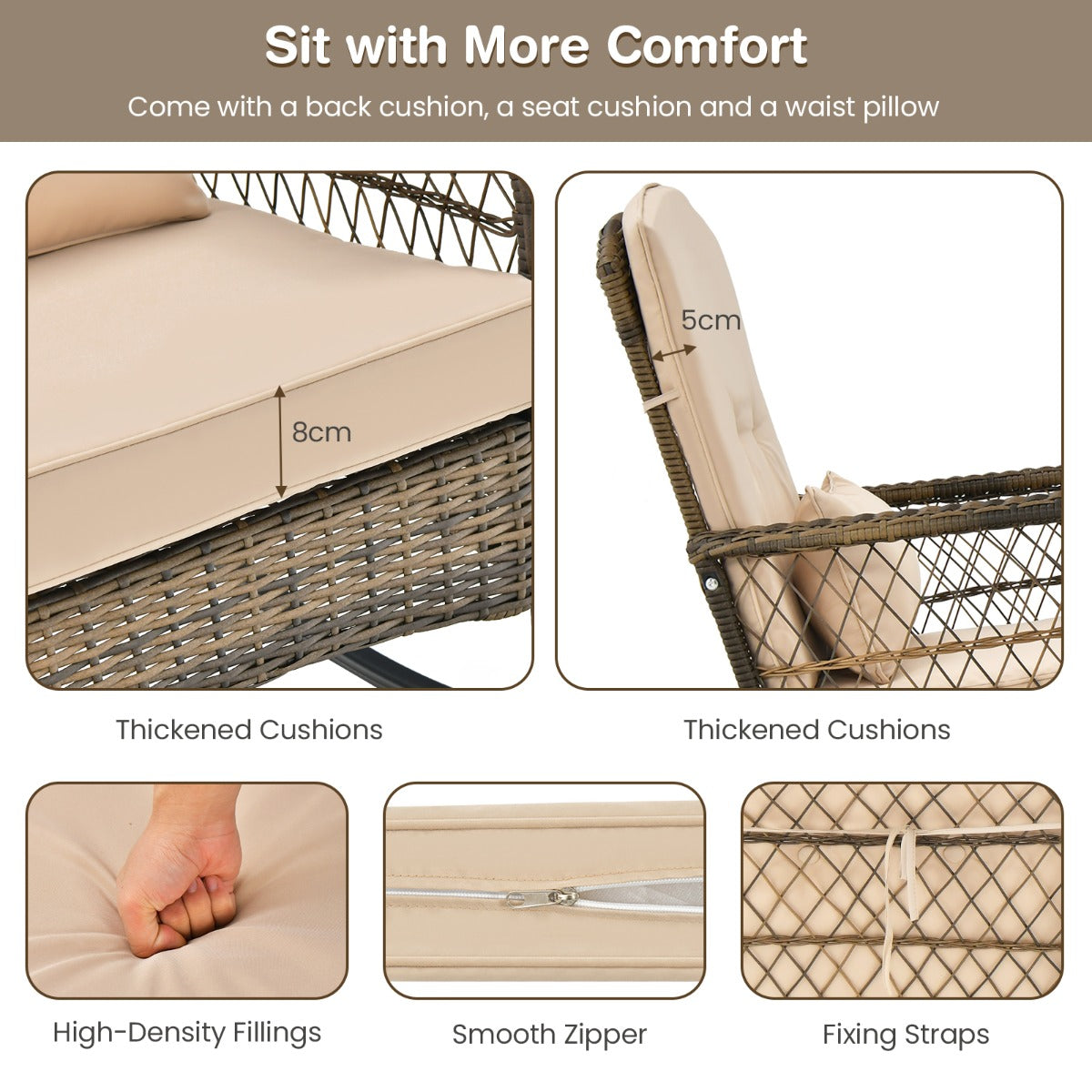 LIVSK 3-Delige Schommelstoelset met Kussens - Ergonomisch Design - Inclusief Koffietafel - Duurzaam PE-Rotan - Grijs